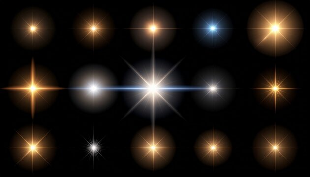 Golden glowing light flare spark elements on black background 黒背景に輝くゴールドの光フレアとスパークの抽象背景イラスト素材セット