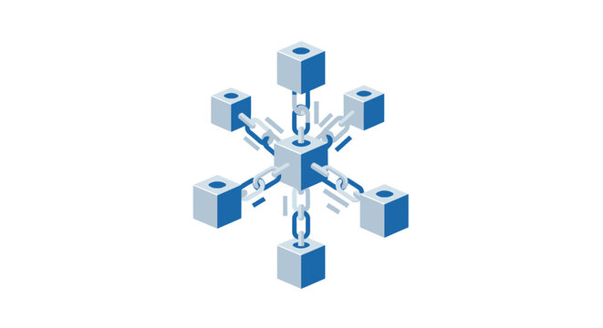 Isometric Blockchain Technology Concept: Decentralized Data Network with Connected 3D Cubes and Digital Chain Links