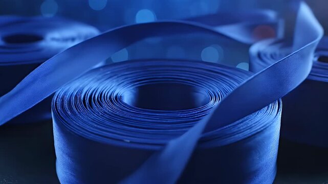 Elegant rolls of blue satin ribbon with soft glowing bokeh background for festive decoration