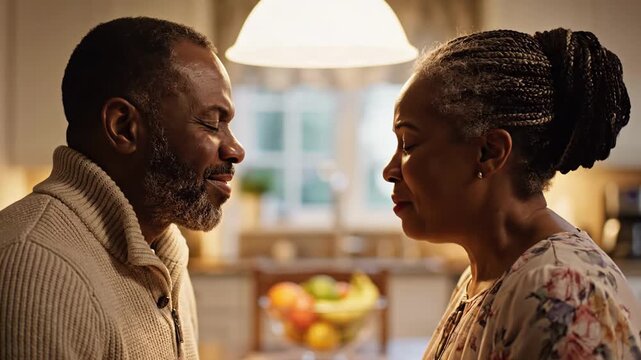Elderly african american couple sharing a special, intimate moment in their kitchen, lovingly looking at each other, expressing their deep connection, romance, and enduring love