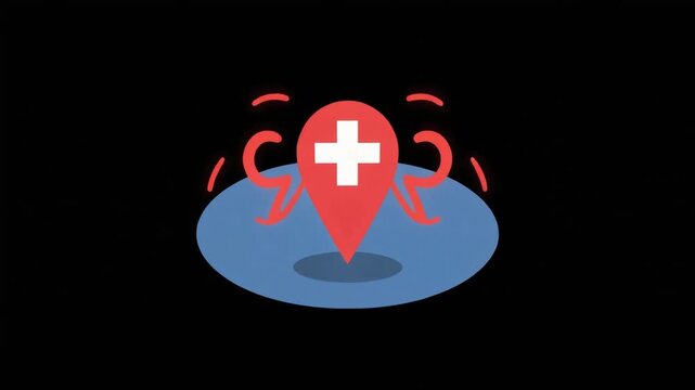 Medical location pin animation featuring a pulsing red cross icon on a blue circular base for healthcare navigation video footage
