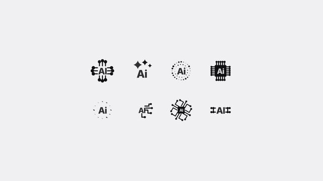 Set of artificial intelligence icons, ai technology symbols, machine learning and digital brain vector elements