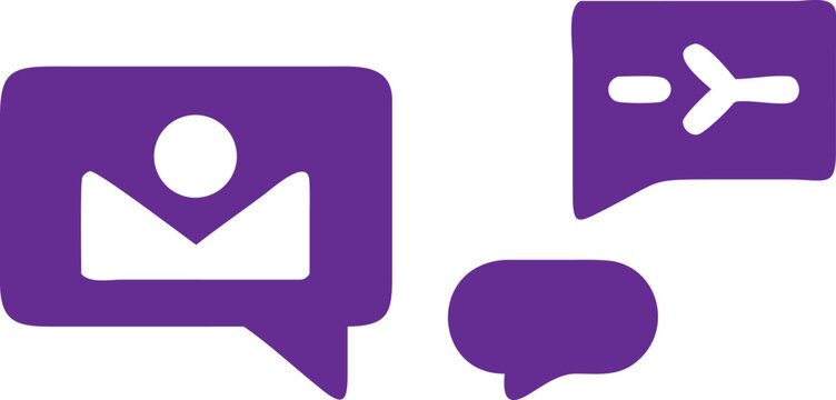 Purple of speech bubbles with a mail envelope symbol and an airplane flight on a plain white background, for communication