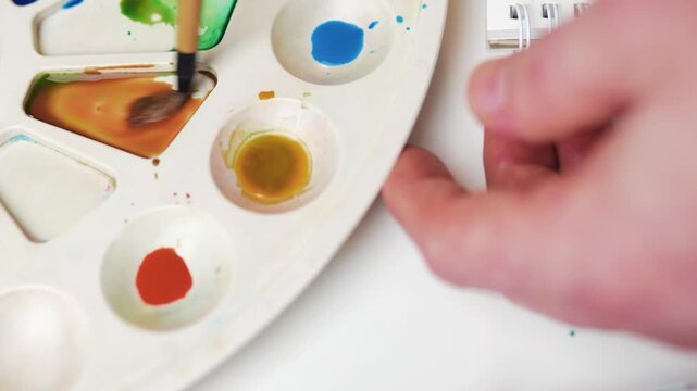 mixing, paint, orange, palette, watercolor, artist, color, blending, brush, paintbrush, artistic, creative, process, art, artwork, studio, creation, close up, macro, liquid, pigment, water, color theo