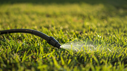 Naklejka premium Close-up of a garden hose and spray nozzle lying on a neatly trimmed green lawn, fresh outdoor setting, vibrant natural colors, residential landscaping concept, irrigation and watering with copy space