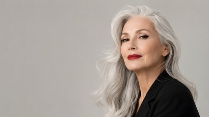 Elegant mature woman with silver hair in black blazer, confident senior beauty portrait with natural makeup, graceful aging and professional lifestyle mood © Chetanraj