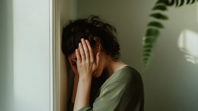 Young woman suffering from stress, covering her face with hands while leaning against a wall at home, experiencing anxiety, depression, or burnout, needing therapy and stress relief