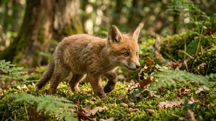Fototapeta premium A young fox cub walking through a forest, surrounded by green foliage and moss, with a forest floor in the foreground.
