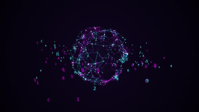 Abstract digital sphere with connected dots and lines and floating hexadecimal numbers