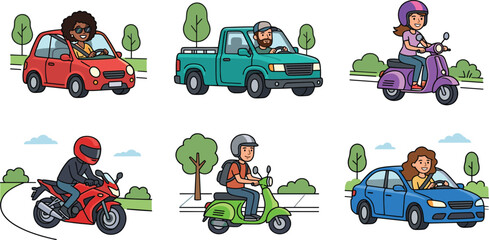 Cute Cartoon People Driving Vehicles Set with Car, Pickup Truck, Scooter, and Motorcycle Characters in Outdoor Scenes Vector Illustrations © MD