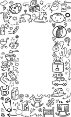 Naklejka premium Baby Newborn Infant Care Vertical Frame Doodle Outline Icon