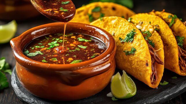 Birria Tacos with Rich Consomm&eacute; Sauce Being Poured