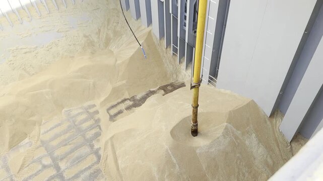 ship cargo hold wheat discharging by vacuum pipe.