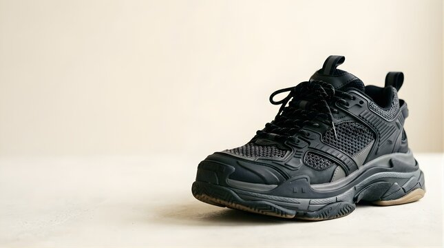 Black modern sneaker shoe isolated on beige background with copyspace