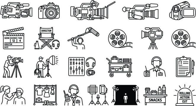 Vector line icon set of film production video equipment cinema studio elements camera stabilizer media broadcasting and movie editing widgets