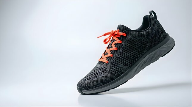 Black running shoe with orange laces isolated on a white studio background