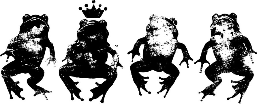 Four black and white vintage frog silhouettes, one with a crown, isolated on white background