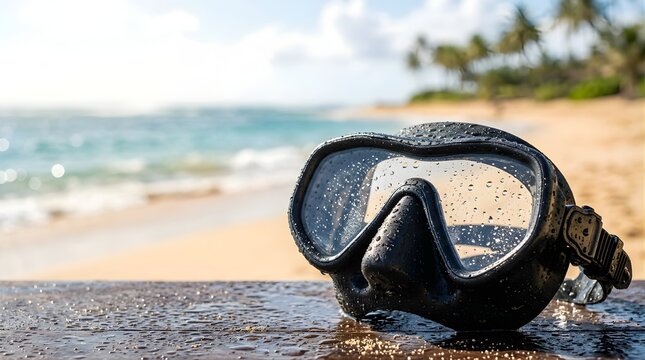 Black snorkeling mask resting on wet wooden surface at tropical beach