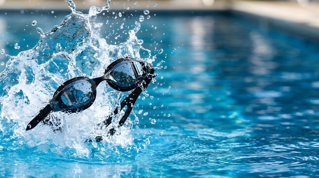 Black swimming goggles splashing into blue pool water for summer sports