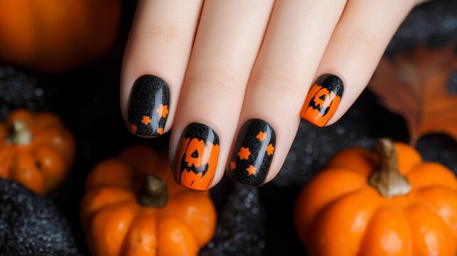 Halloween nail art with pumpkin designs on black background during fall season