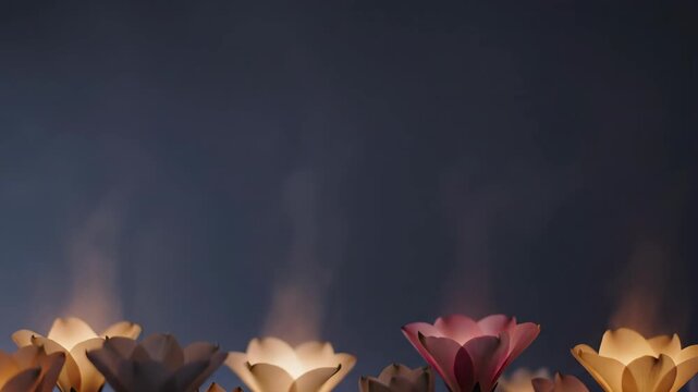 A row of glowing floral lanterns floating on dark water, releasing soft wisps of smoke in a serene nighttime atmosphere