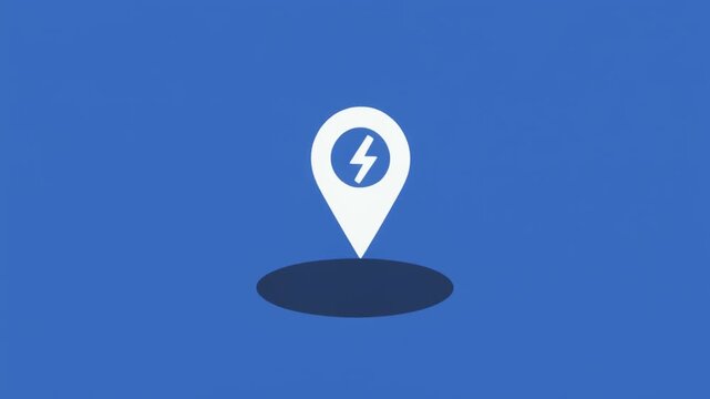 Location pin icon with lightning bolt symbol animation loop representing electric vehicle charging station or power energy source video