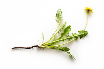 Dandelion (Taraxacum officinale), whole plant with yellow flower, leaves and root for identification with shadows on a white background, perennial weed, edible, pollinating insects © Maren Winter