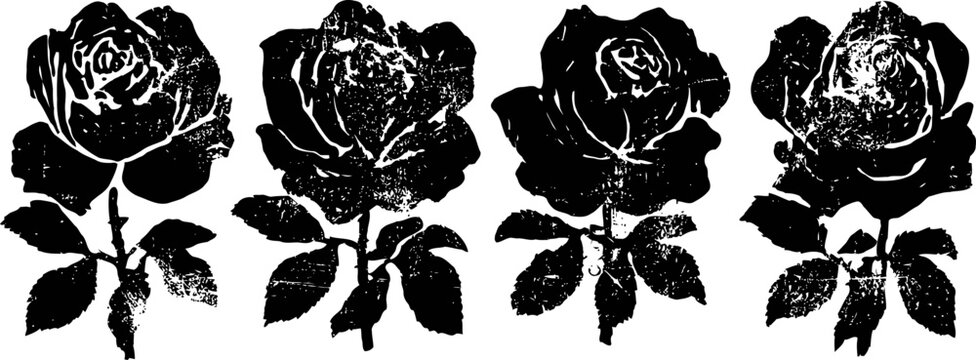 four rustic black roses with leaves in vintage woodblock print style, floral botanic decoration