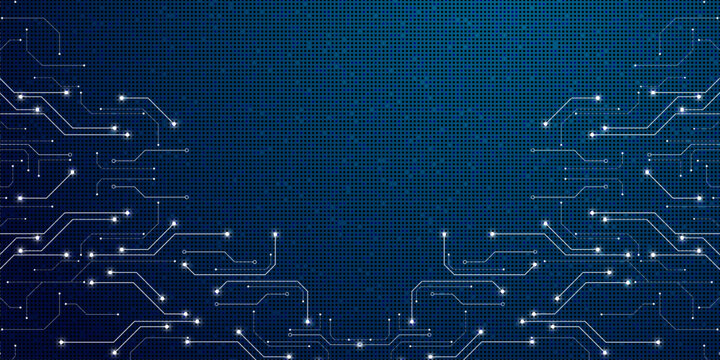Blue circuit board pattern abstract background with glowing points, digital computer connection network concept.