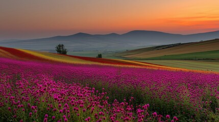 Fototapeta premium Red clover fields stretch across the landscape at sunset with mountains in the distance and hills covered in grass