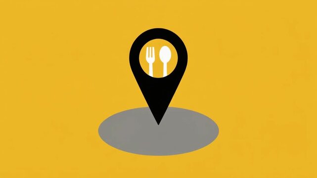 Restaurant location pin icon animation showing a fork and spoon symbol on a yellow background digital motion video clip
