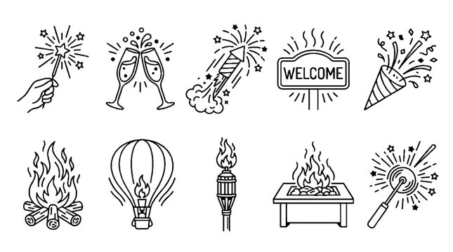 Hand drawn celebration and fire icons set including fireworks champagne and campfire doodles.
