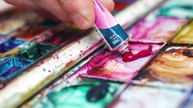 Closeup of artist hand squeezing paint from tube onto watercolor palette