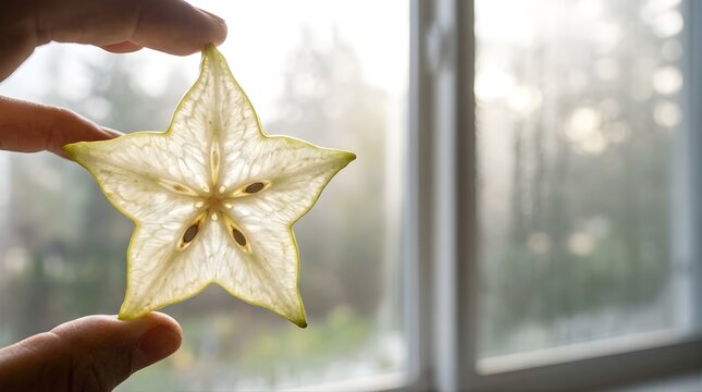 A single translucent slice of fresh starfruit held against bright window light.