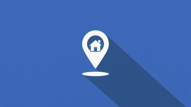 Location pin icon with house symbol animation morphing on blue background representing real estate navigation digital motion graphic footage