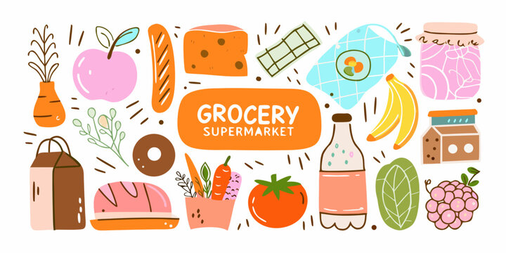 Grocery supermarket food items colorful vector illustration with white background