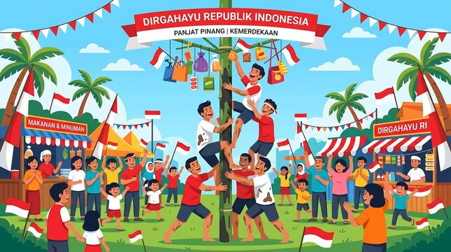 Indonesian independence day celebration, panjat pinang traditional climbing competition