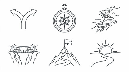 Fototapeta premium Hand Drawn Adventure and Journey Concept Icons Set Featuring Compass Mountain Bridge and Path.