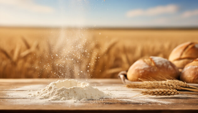 Fine white wheat flour falling onto a rustic wooden table with freshly baked crusty bread loaves against a beautiful sunny golden agricultural wheat field landscape background