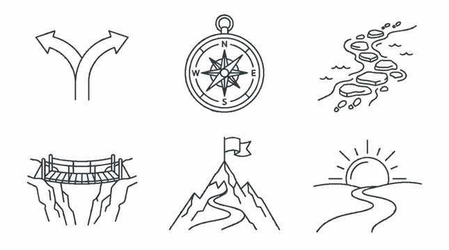 Hand Drawn Adventure and Journey Concept Icons Set Featuring Compass Mountain Bridge and Path.