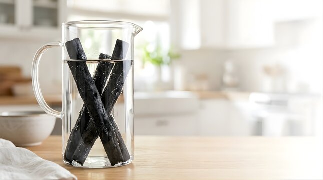 Activated charcoal sticks in glass pitcher of water on kitchen counter