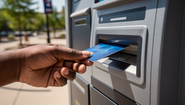 Close up of an unrecognizable person hand carefully inserting a blue plastic credit card into a modern outdoor automated teller machine to withdraw cash on a bright sunny summer day