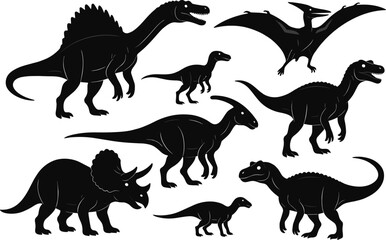 Prehistoric Dinosaur Silhouettes Collection Isolated on White Background, Jurassic and Cretaceous Reptiles Including T Rex, Triceratops, Spinosaurus and Pterodactyl for Educational Design Use © MdAbdur