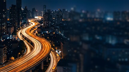 Obraz premium Aerial view of illuminated city highway traffic at night with blurred area