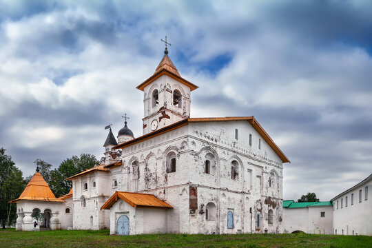 Church of Protection of Theotokos in Svirskoye, Russia side view. Historic stone monastery architecture, white walls