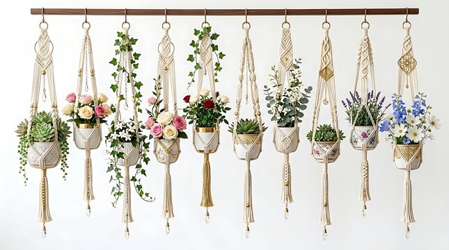 Assortment of beautifully decorated macrame plant hangers filled with various potted plants and flowers displayed indoors