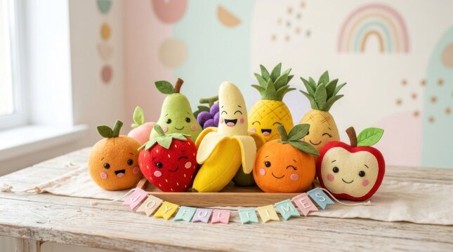 A colorful collection of plush fruits, including apples, bananas, and pineapples, arranged on a wooden table with a white tablecloth.