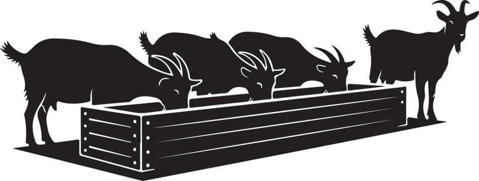 Black silhouette goats eating from wooden trough