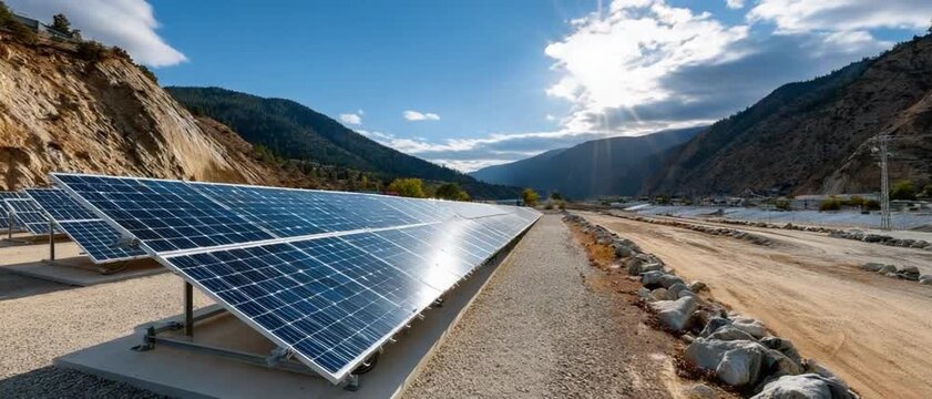 Solar Farm in a Mountain Valley: Rows of gleaming solar panels stretch across a vast expanse.