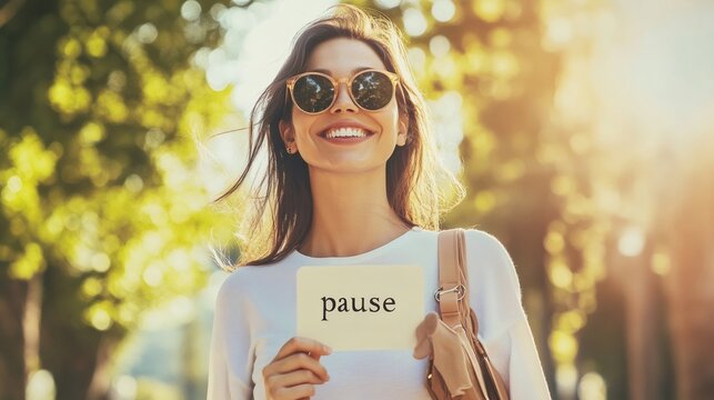 Smiling woman wearing sunglasses and a backpack is holding a sign displaying the word pause, suggesting a break from stress and promoting effective time management techniques